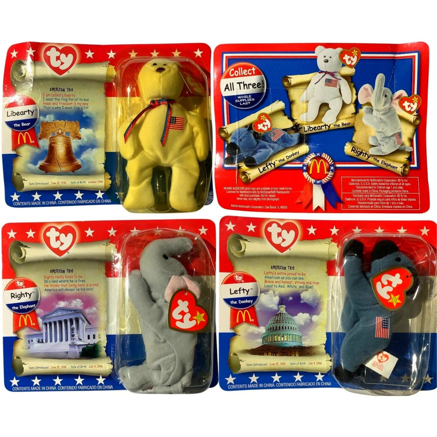 McDonalds Vintage 2000 American Trio, Ty Beanie Babies, Lefty, Righty & Libearty