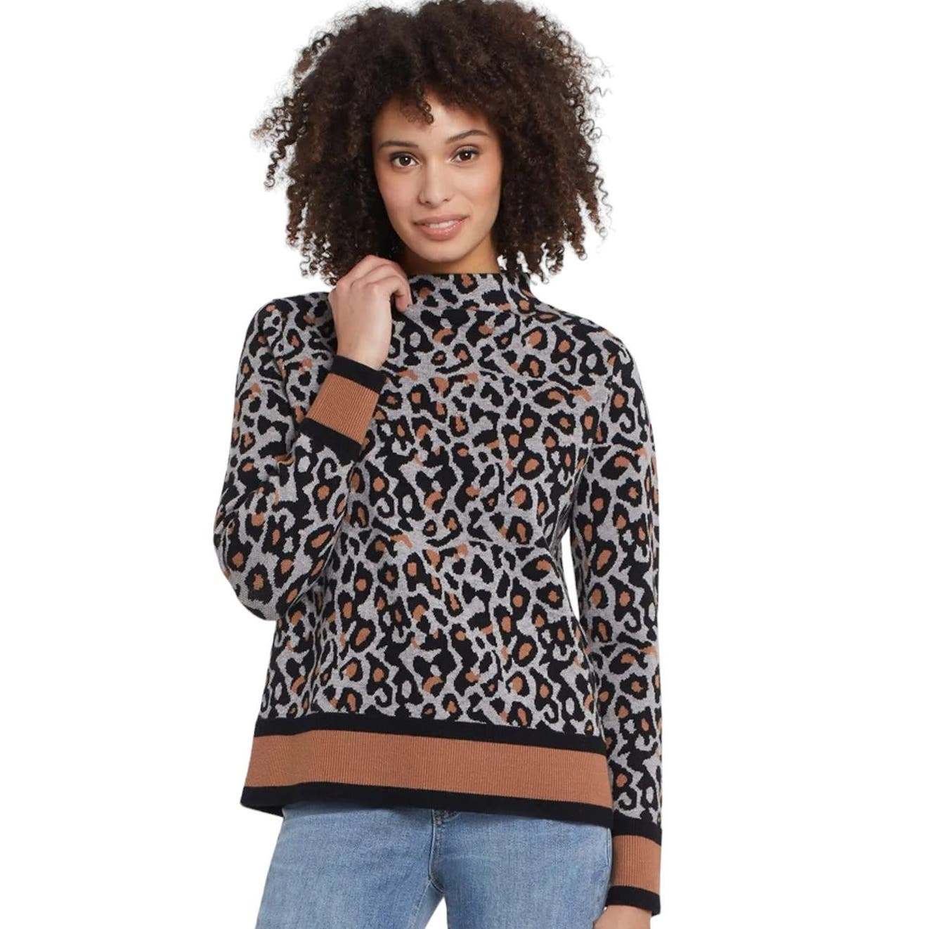 TRIBAL CHANDAIL TRICOT "ANIMAL PRINT" BLACK, GREY & CAMEL, FUNNEL NECK SWEATER