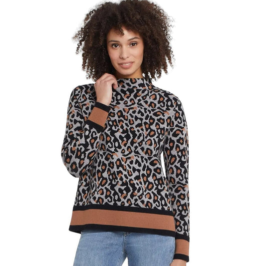 TRIBAL CHANDAIL TRICOT "ANIMAL PRINT" BLACK, GREY & CAMEL, FUNNEL NECK SWEATER