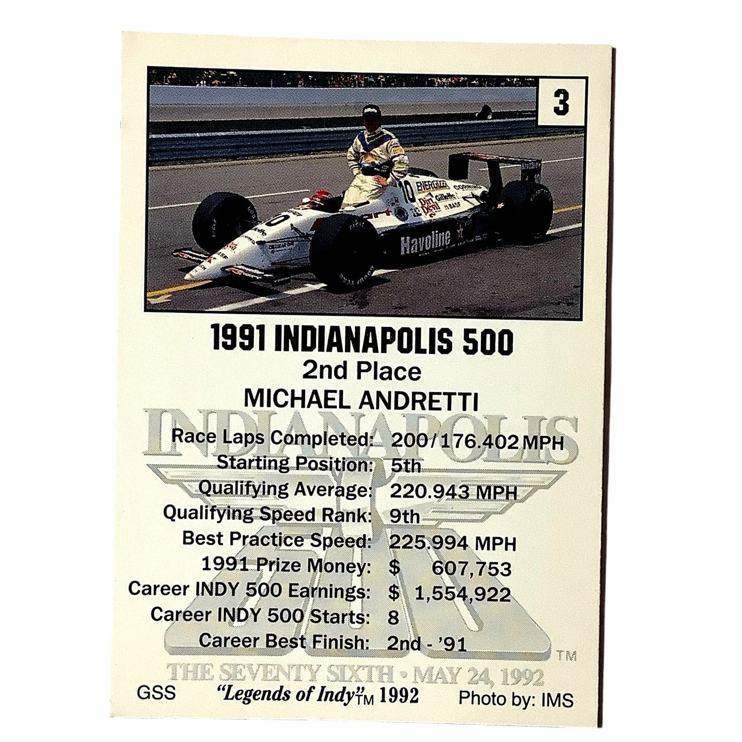 Michael Andretti 2nd Place Indy 500, 1991 Action, 1992 Legends of Indy, Card #3