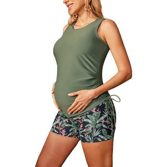 Maternity Pregnancy 3PC Swimsuit Back Crisscross Hollow Out Army Green L (12-14)