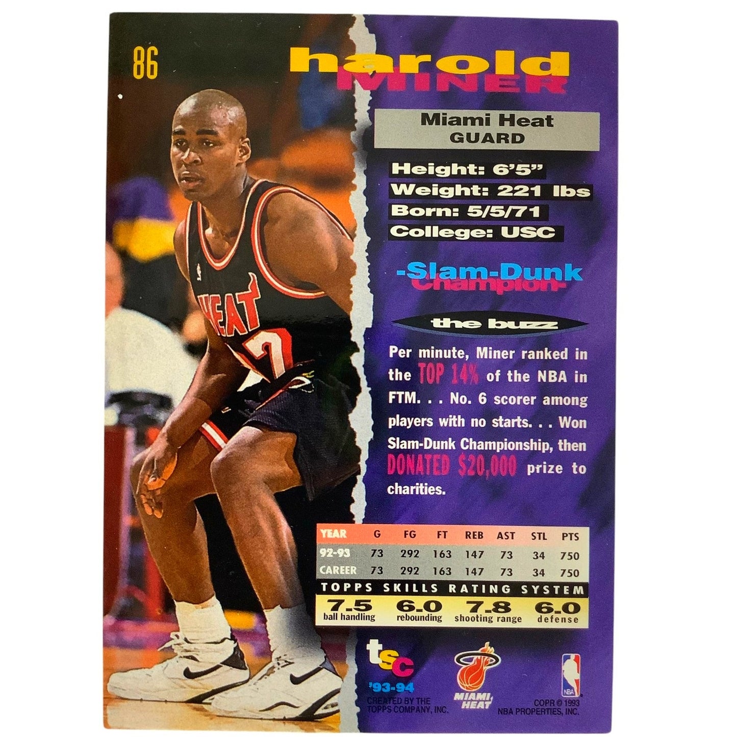 Harold Miner, Miami Heat, 1993 Topps Stadium Club Collector's Card 86, EXC