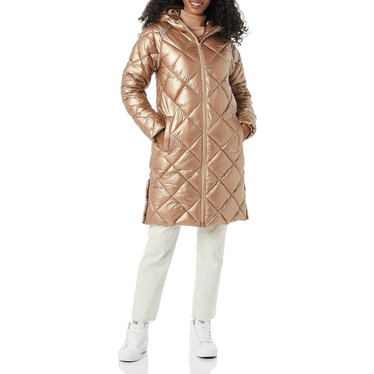 Heavyweight Diamond Quilted Knee Length Puffer Coat, Metallic Taupe, XX-Large