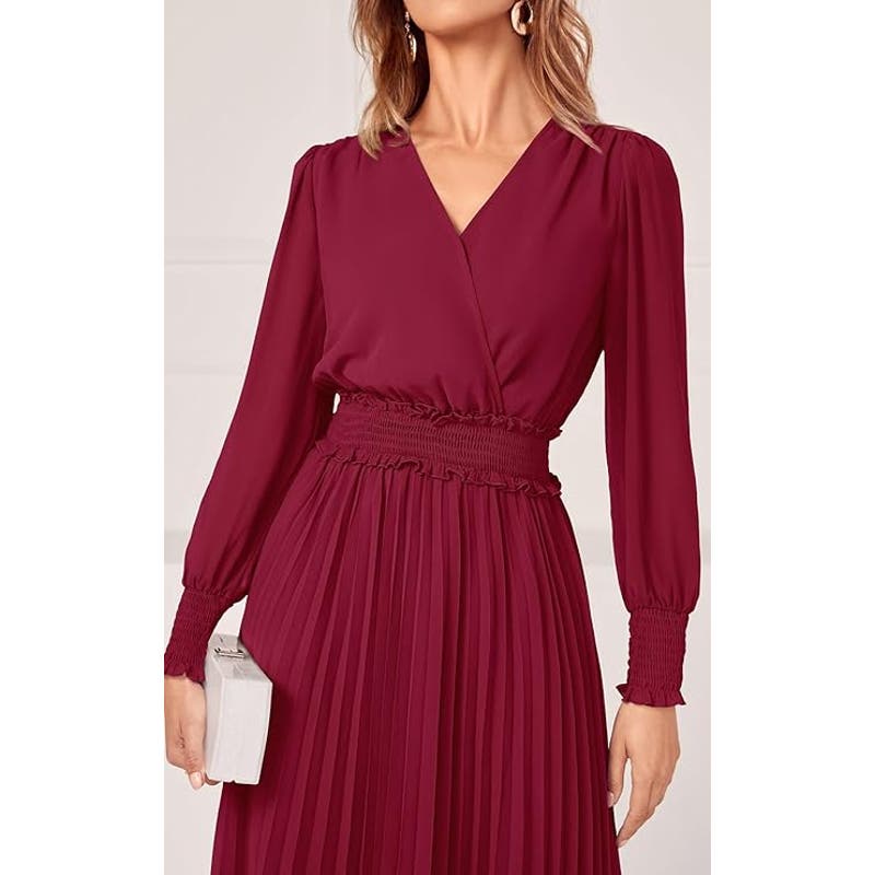 Wrap V Neck Spring Dress 2024 L/S Smocked Flowy Pleated Midi Dress, Wine Red, XL