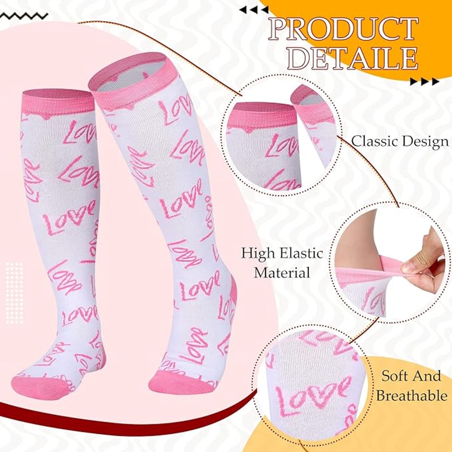 3 Pairs Jeyiour Heart/Love/Sweatheart Knee-High Socks, One Size (Shoe Size 5-9)