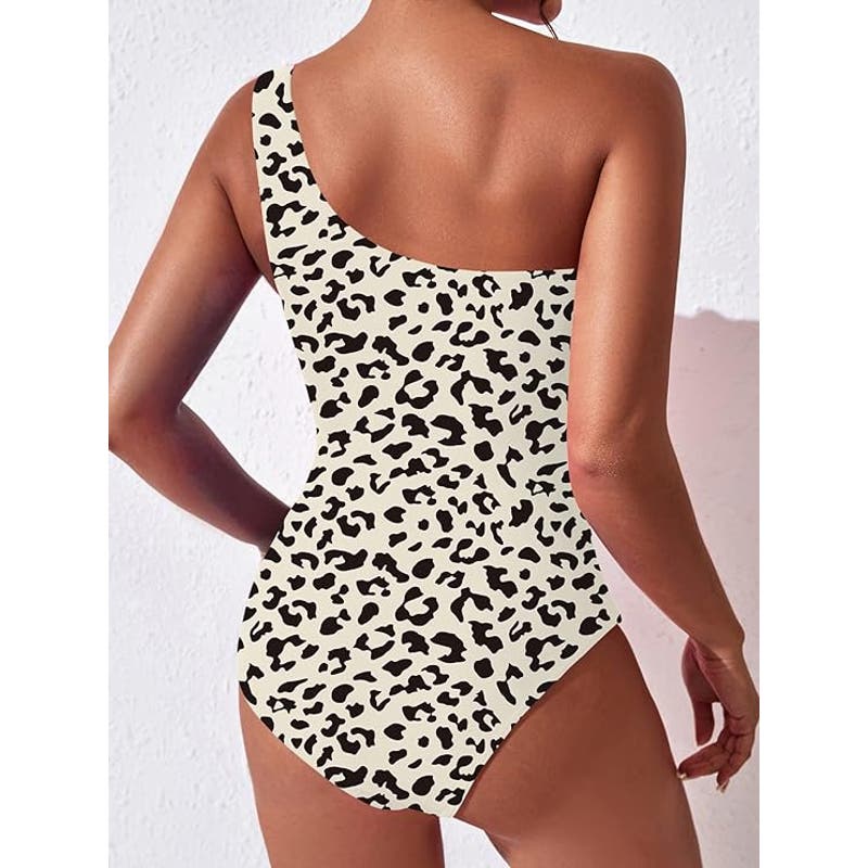 One Shoulder One Piece Ruched Swimsuit Tummy Control Full Coverage, Leopard, LRG