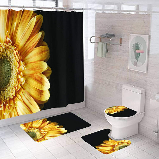 4 Pcs Sunflower Bathroom Curtain & Hooks Set w/ Rug, Toilet Cover and Bath Mat