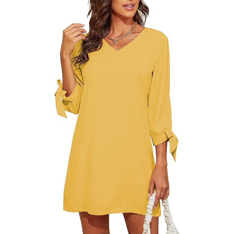 BELONGSCI Dress, Sweet & Cute, V-Neck Self Tie 3/4 Sleeve Casual Shift Dress, M