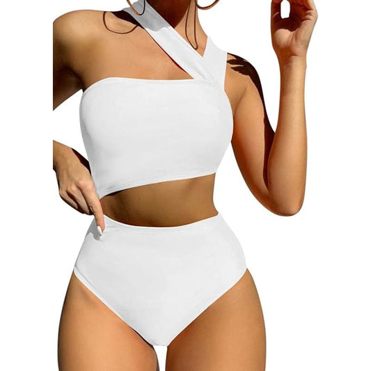 Cutout One Shoulder Piece Swimsuit Bikini High Waist, Monokini White Medium