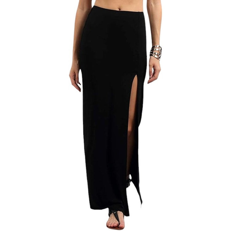 Verdusa Women's Solid Color High Waist Side Split Maxi Skirt, Black, Small