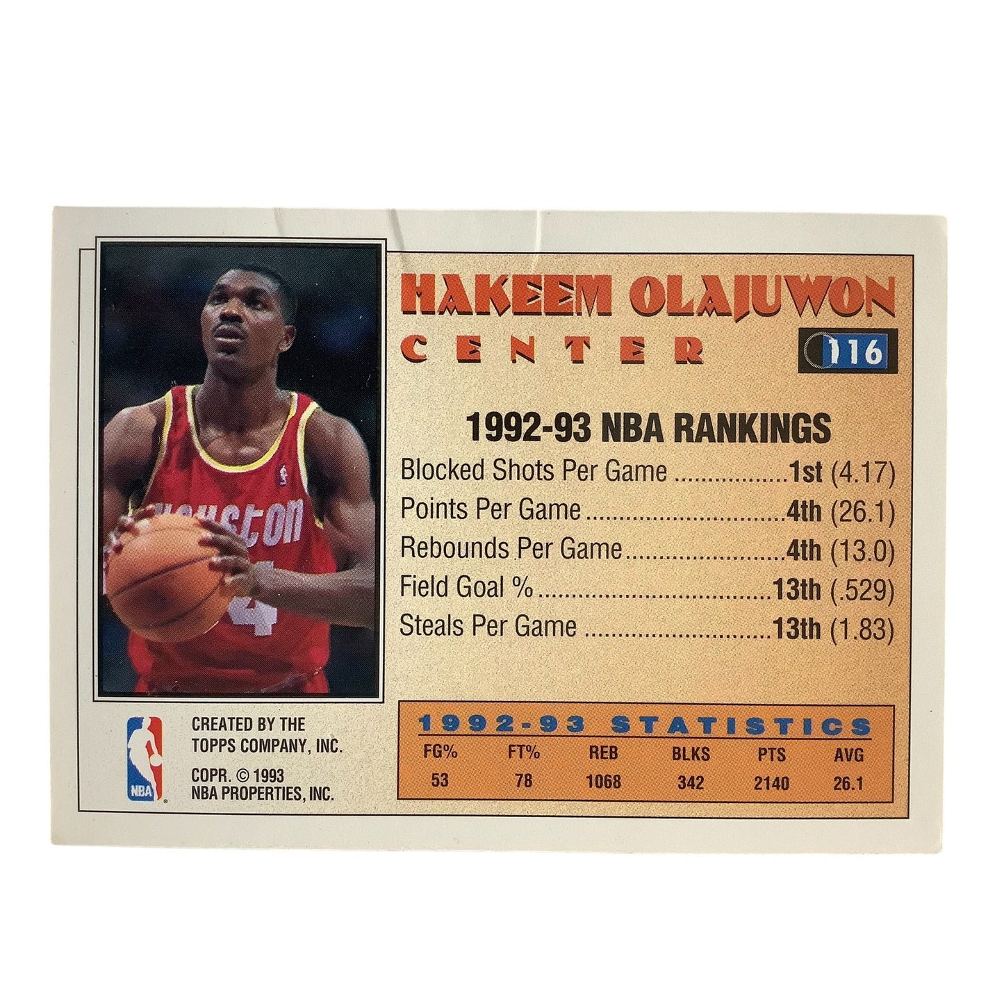 Hakeem Olajuwon, Rockets, 1993 Topps Gold, All-Star 2nd Team, NBA Card 116, EXC