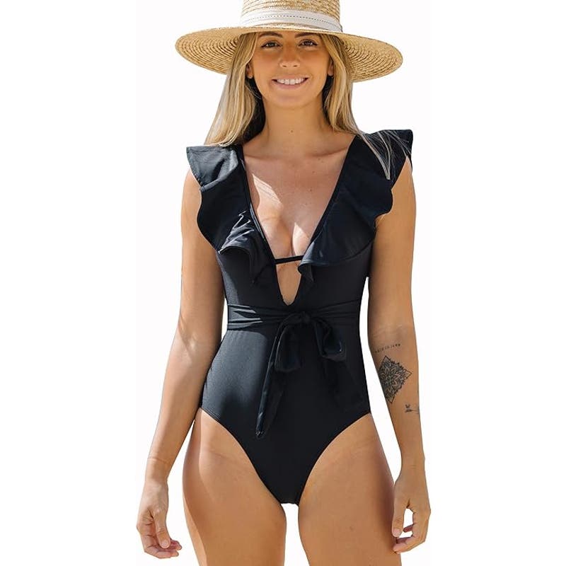 SPORLIKE One Piece V-Neck Ruffle Bathing Suit Padded Monokini, Large, Black