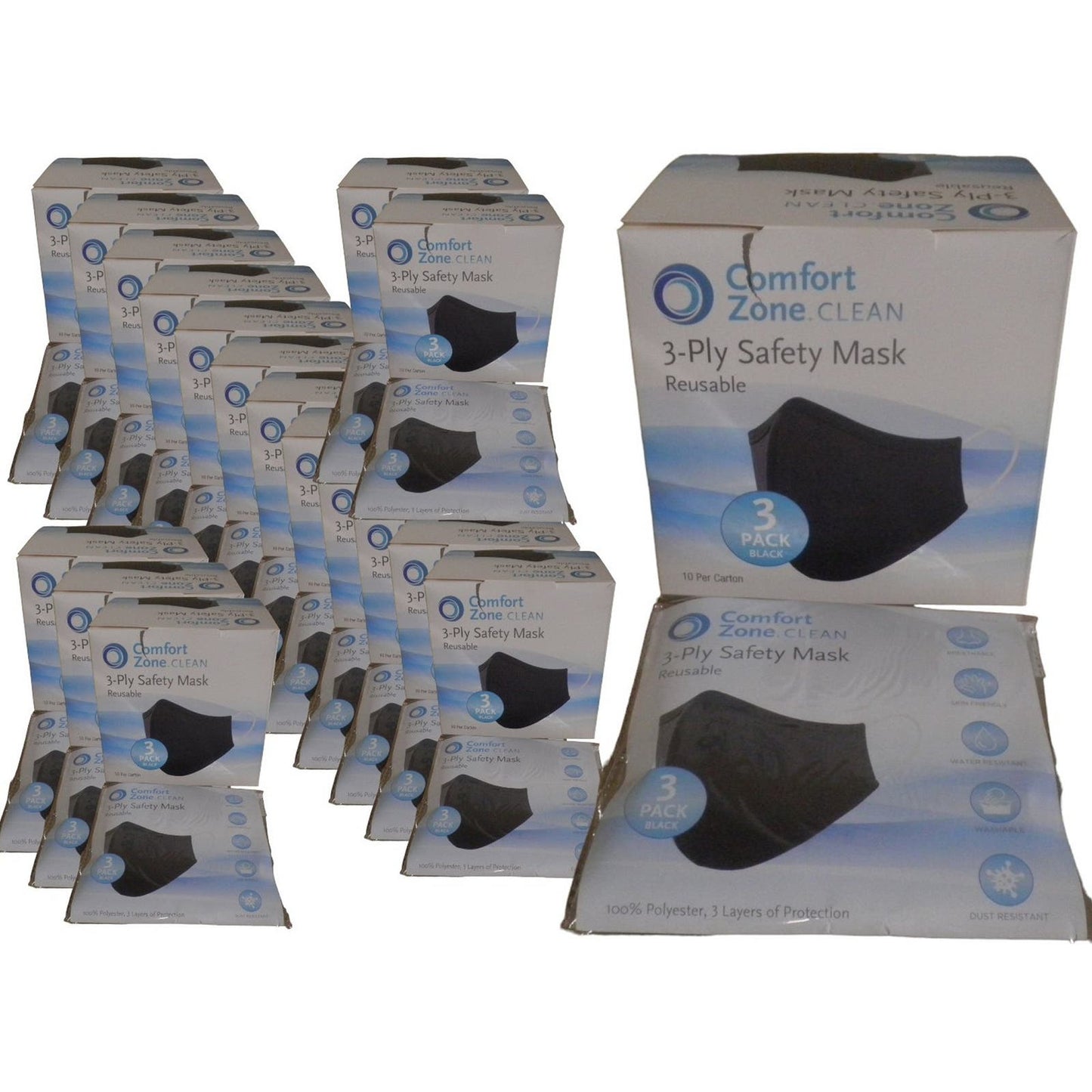 540 Ct. Case- Reusable Fabric Mask, 180-PKS of 3, 3-Layer, Black, 100% Polyester [Local Pickup Clearance $25 Per Case of 540 Mask in Cropwell, AL 35054}