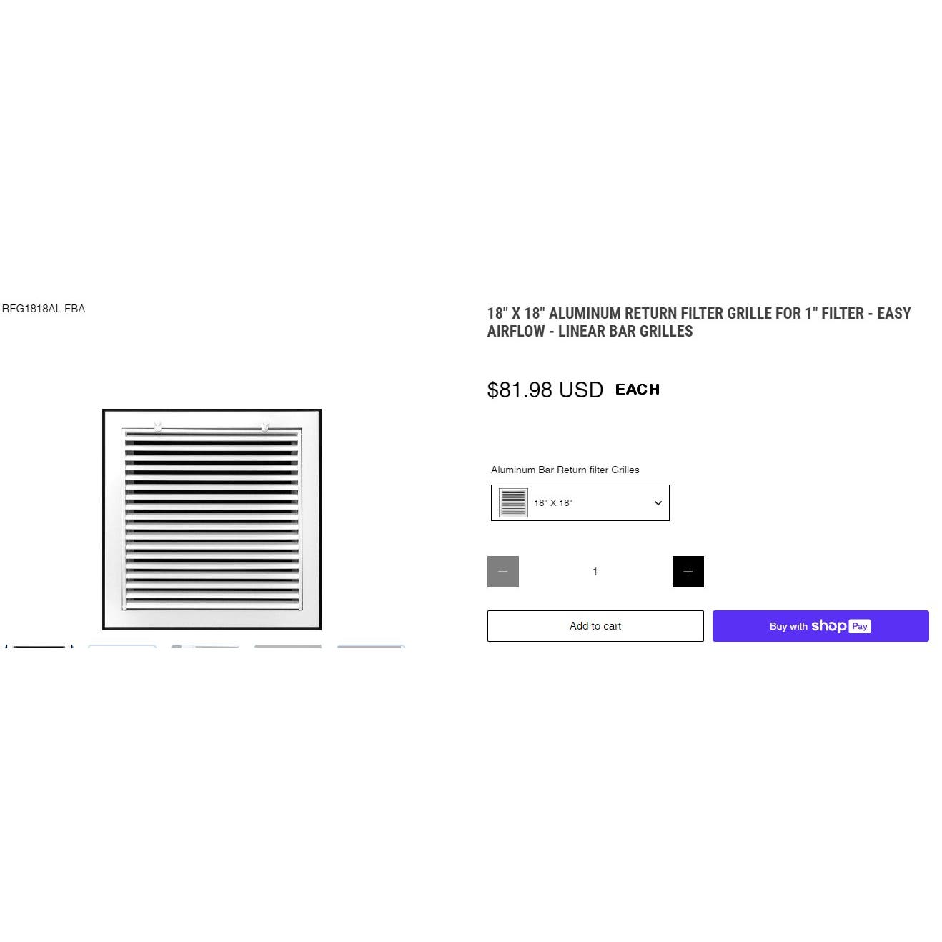 CS/2 18" X 18" ALUMINUM RETURN FILTER GRILLE FOR 1" FILTER - LINEAR BAR GRILLES [Local Pickup in Cropwell, AL 35054 $25]