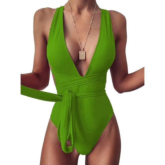 Swimsuit, Brazlian Cheek, Push-Up Tummy Control, 1-Piece, Open Back, Green, L