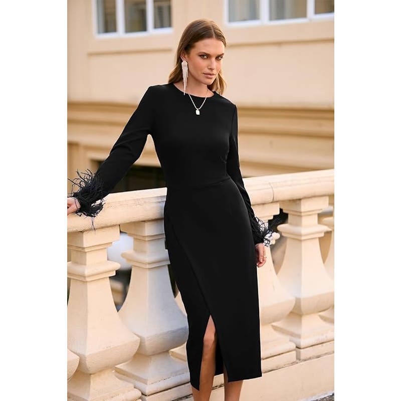 Long Sleeve Dress Formal Midi Bodycon Wrap Slit Feather Elegant, Black, Small