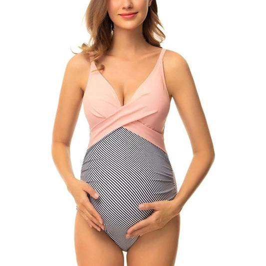 Ziola Maternity One Piece Front Cross V-Neck Pregnancy, Pink & Striped, S (4-6)