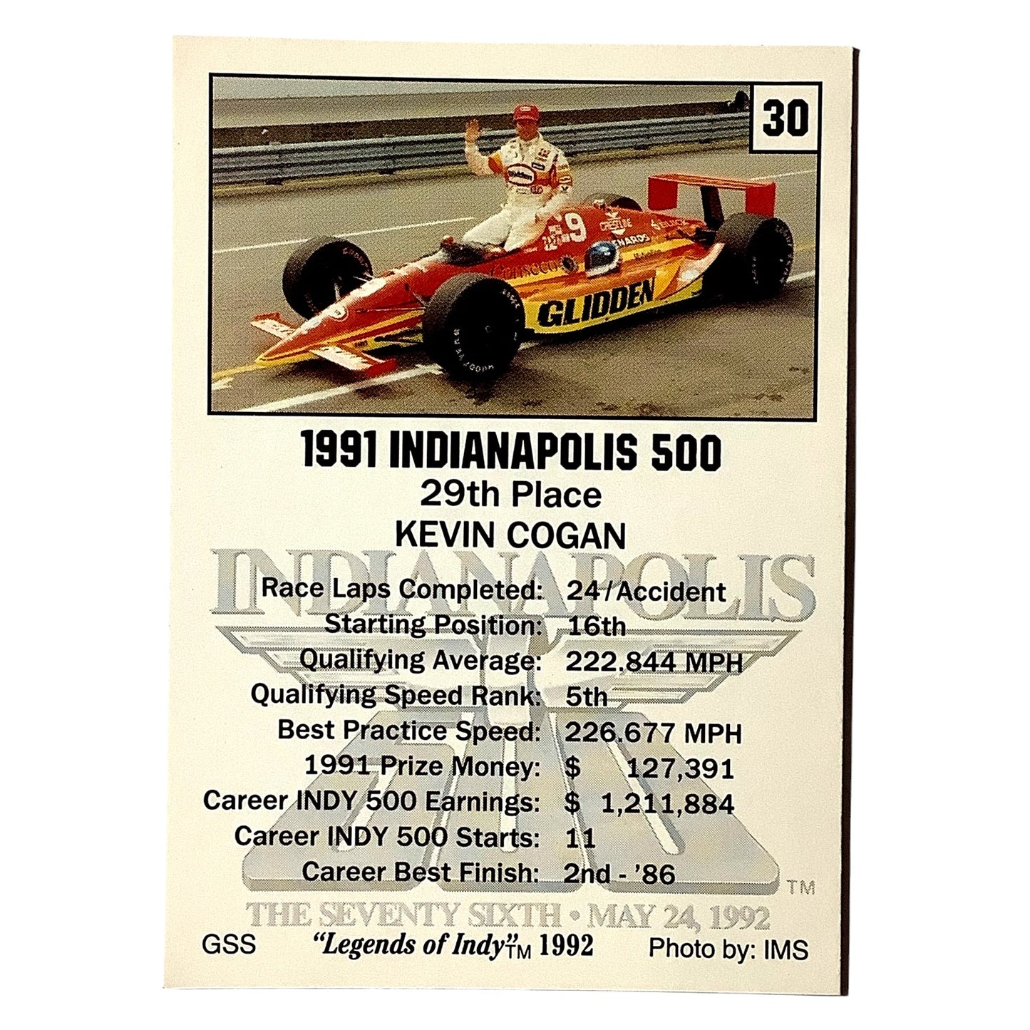 Kevin Cogan 29th Place Indy 500, 1991 Action, 1992 Legends of Indy, Card No.30