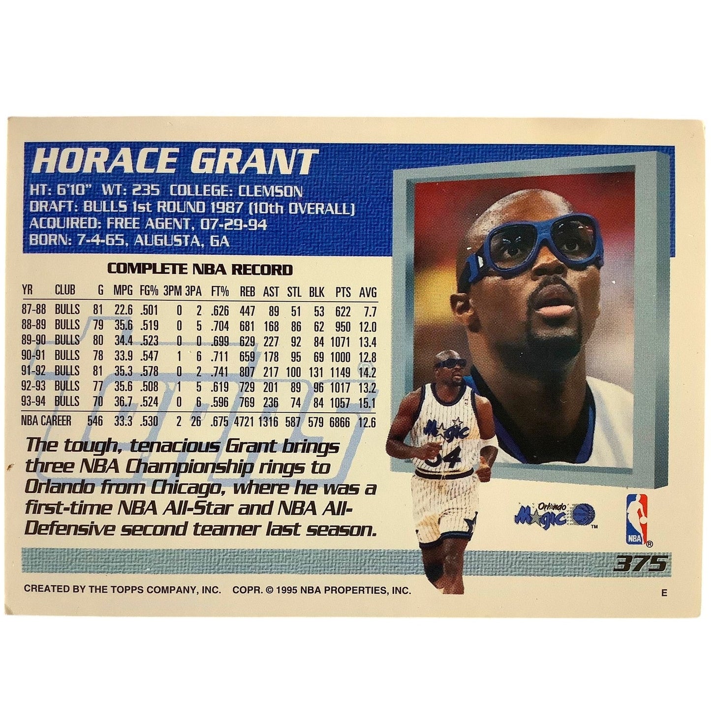 Horace Grant, Orlando Magic, 1994 Topps Collector's Card 375, EXC/NM