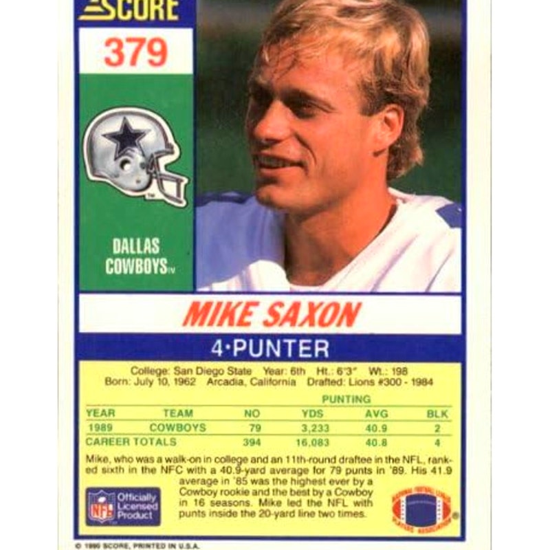 1990 Score Football Card #379 Mike Saxon, Dallas Cowboys,  EXC Condition