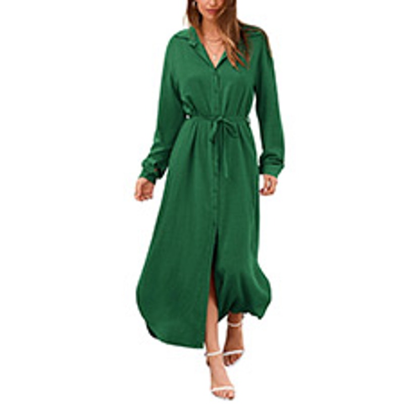 BTFBM Casual L/S Maxi Dress Button Down Shirt Dress, Side Slit Long Linen, LRG