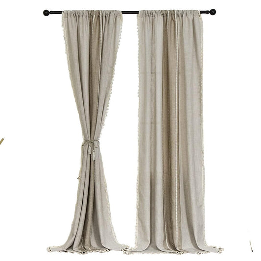 Amidoudou Cotton Linen Boho, Farmhouse Curtains w/ Tassels 2 x 54" x 96"