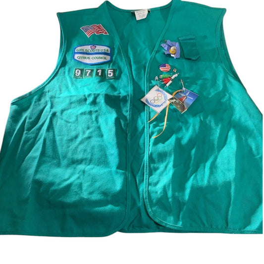 Vintage Girl Scouts Vest, Citrus Council, w/ Patches and Pins Shown, Green