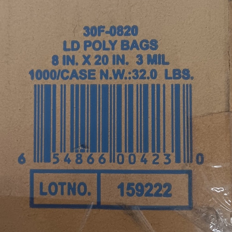 Elkay Plastics 30F-0820 3 Mil Low Density Flat Bag, 8" x 20", Clear (1000 PK)