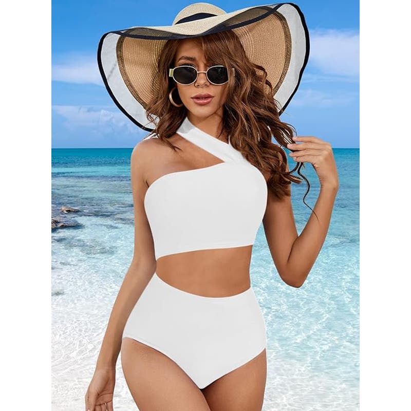 Cutout One Shoulder Piece Swimsuit Bikini High Waist, Monokini White Medium