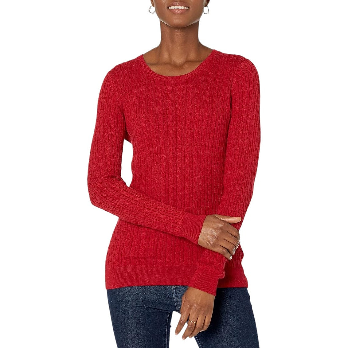 Women's Lightweight Long-Sleeve Cable Crewneck Sweater, Red, Small