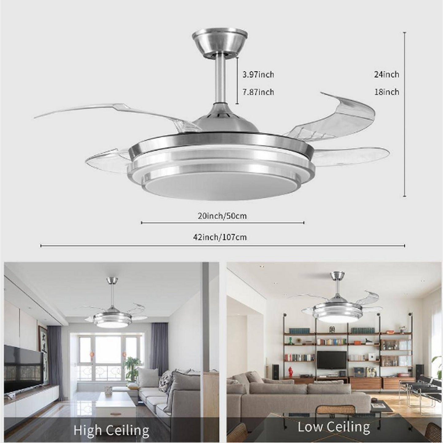 Urbanest 42" Retractable Fan Ceiling Light w/ 3 Color Change Reversible DC Motor