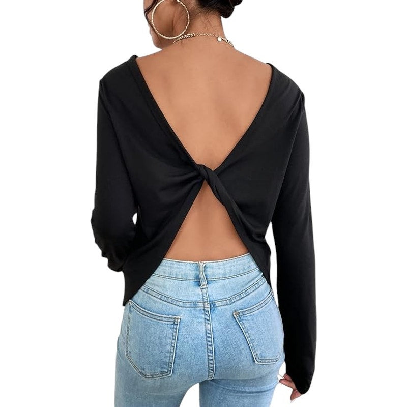 Verdusa Twist Backless Solid Long Sleeve Open Back Tee Shirt Top, Black, XL