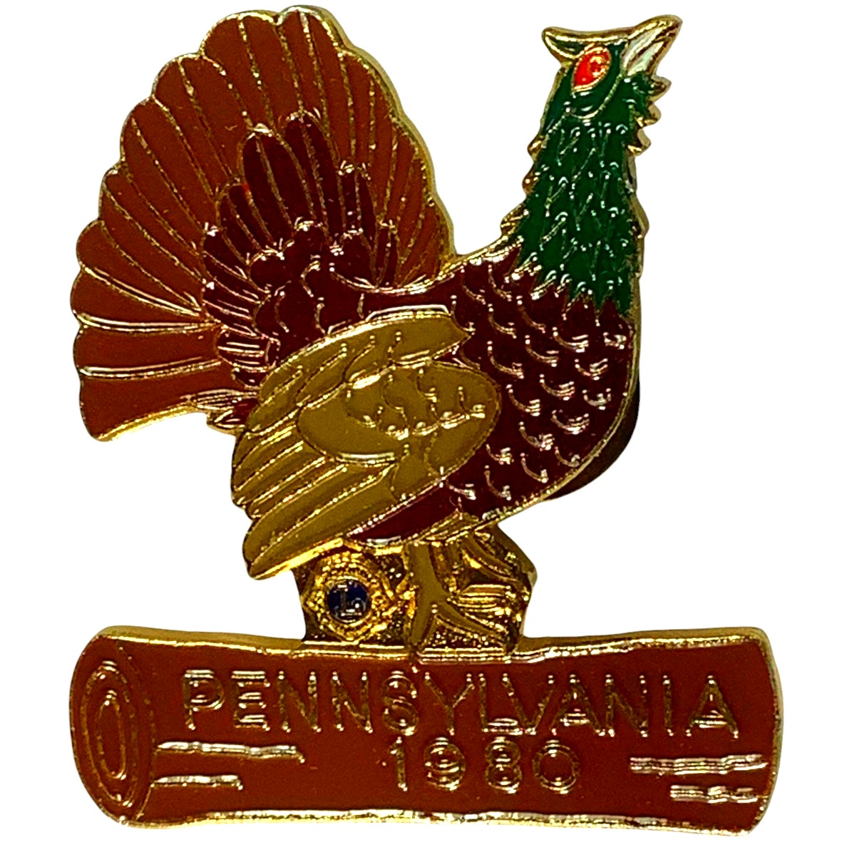 1980 Lions Club International Wild Turkey on Log Pennsylvania Pin 1.5"W x 1.75"H