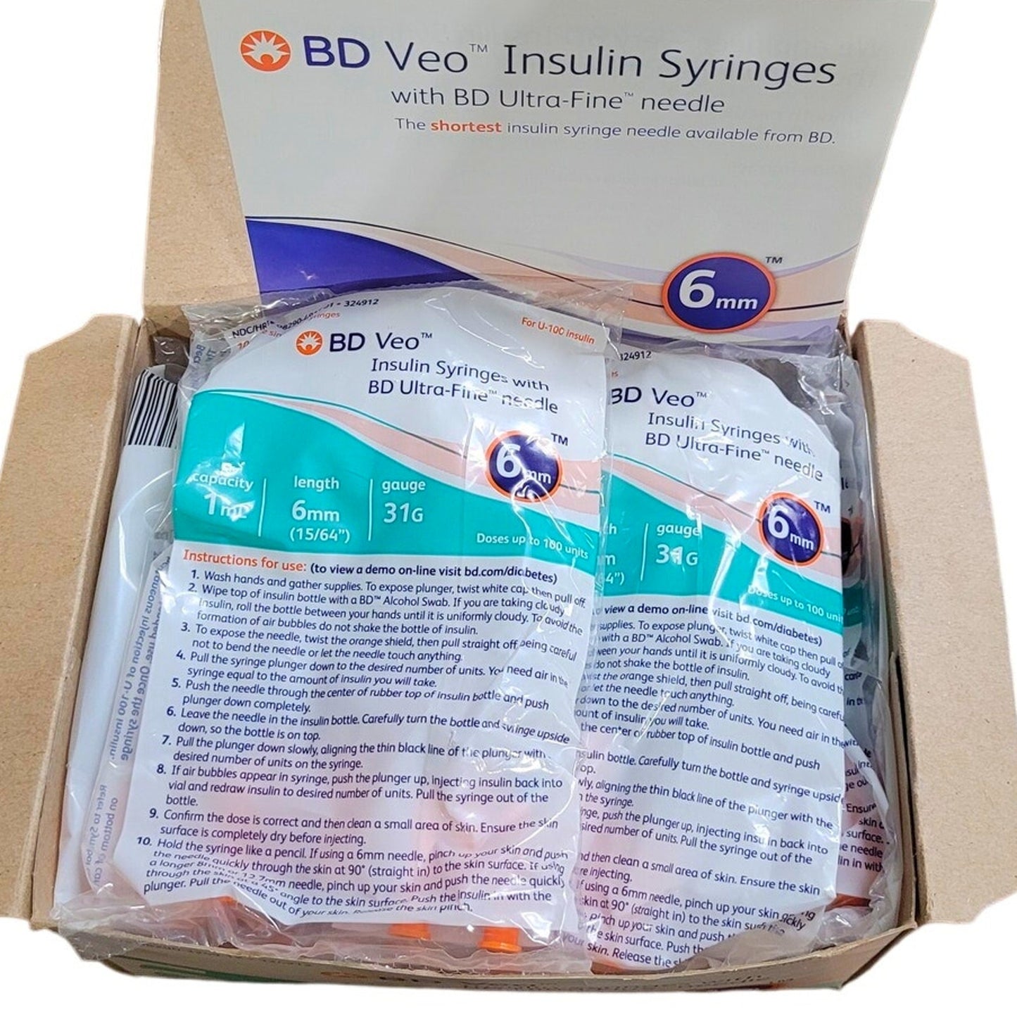 BD Veo Insulin Syringes With Ultra Fine 6mm Needle, 90 Needles (9 x 10-PKS)