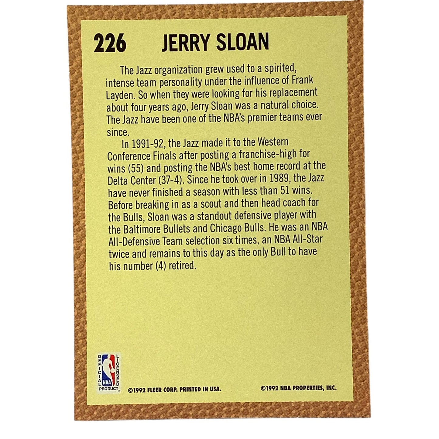 Jerry Sloan (Coach), Card #226, Utah Jazz, 1992-93 Fleer NBA