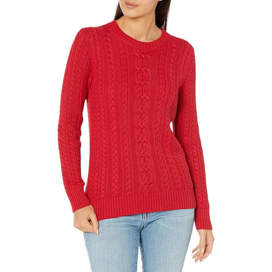 Fisherman Cable Long-Sleeve Crewneck Sweater, Red, X-Large