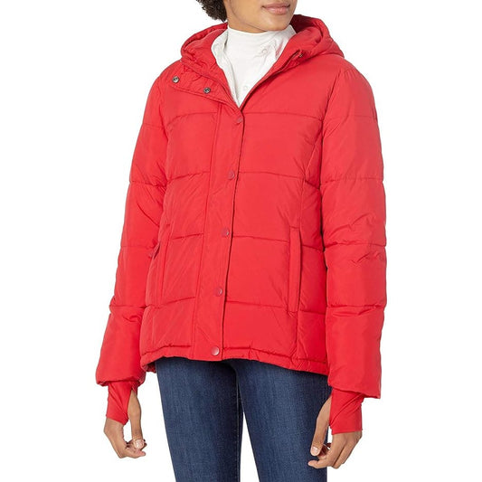 Women's Heavyweight Long-Sleeve Hooded Puffer Coat, Poppy Red, Medium