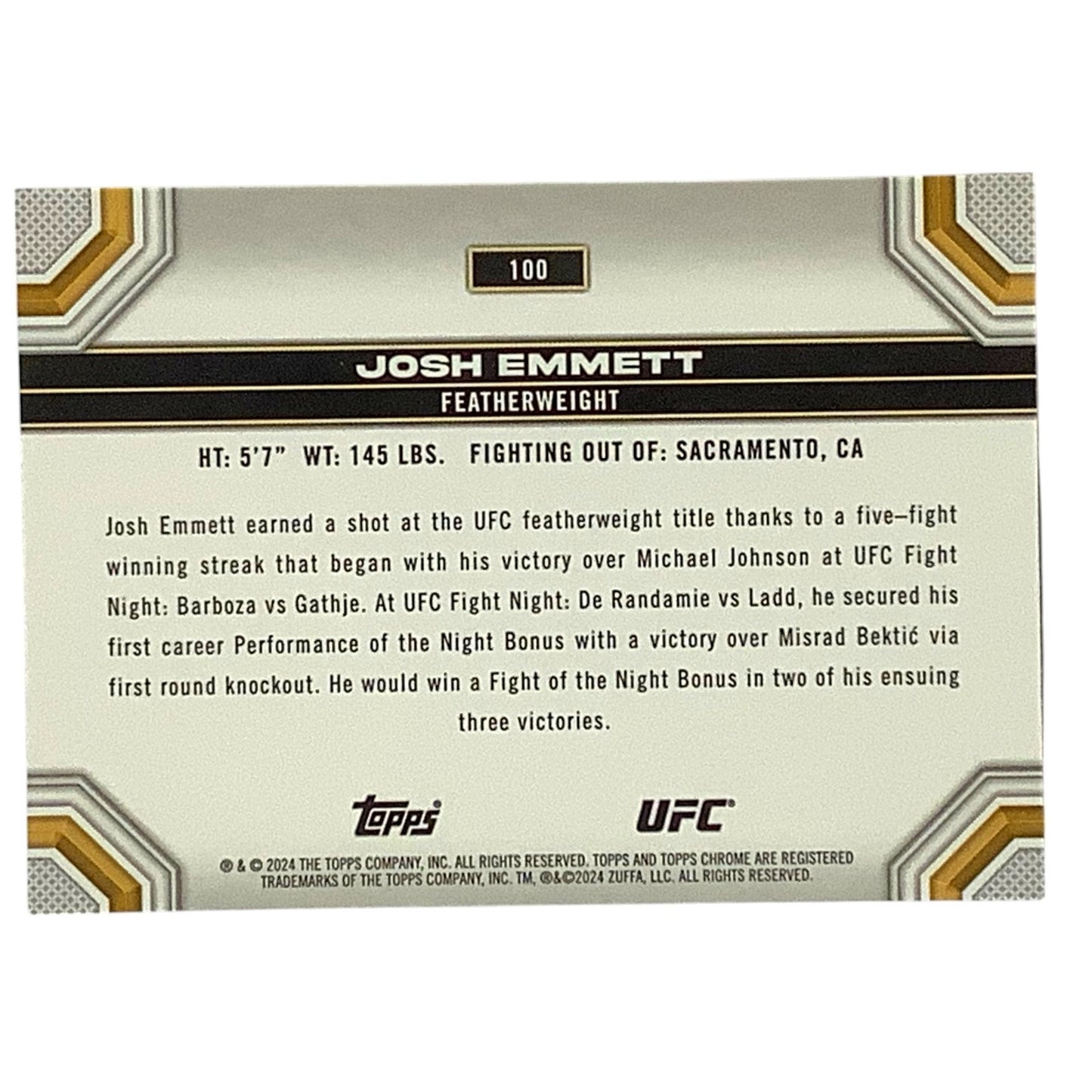 Josh Emmett, UFC Featherweight, Card 100, 2024 Topps Chrome UFC, NM+