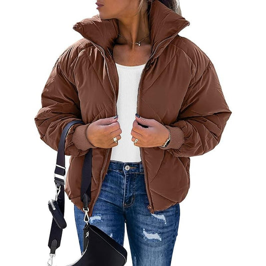 Women's L/S Stand Neck Puffer Coat Quilted Zip Baggy Down Jacket, Coffee, M