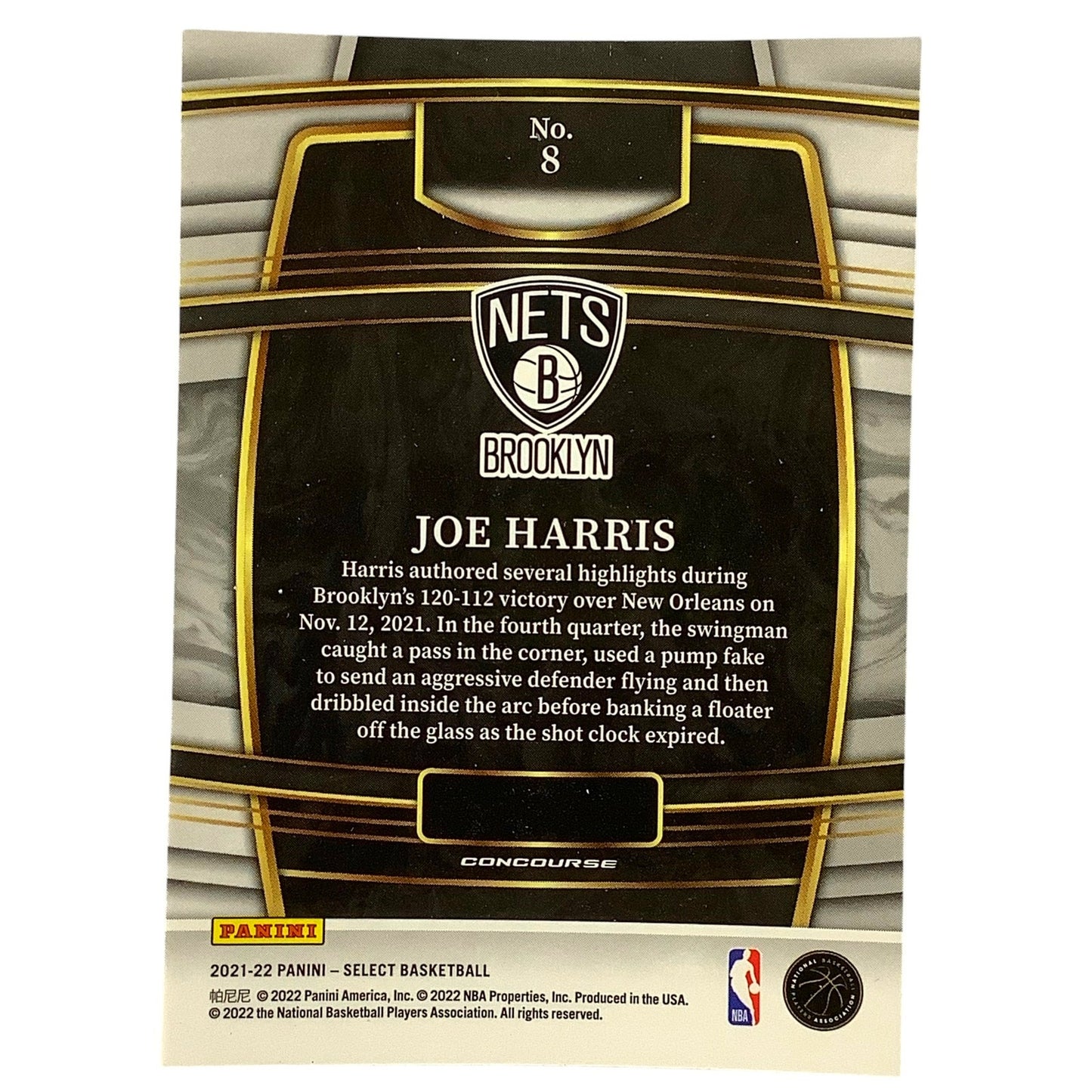 Joe Harris, Brooklyn Nets, Card #8, 2021-22 NBA Panini Select