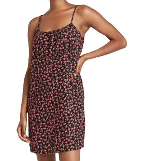 Women's SM Woven Floral Design Slip Dress, Spaghetti Straps- Black Floral, NWT