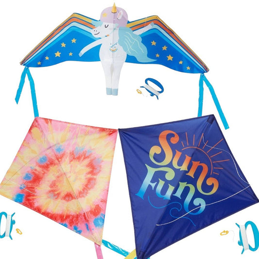 3 x Sun Squad Kites: Flying Unicorn (1), Sun Fun (1) and Tie Dye (1), NIP