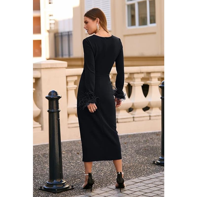 Long Sleeve Dress Formal Midi Bodycon Wrap Slit Feather Elegant, Black, Small