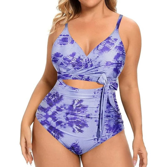 Daci Blue Tie Dye, One Piece High Waisted Tummy Control Cutout Lace up 14W Plus