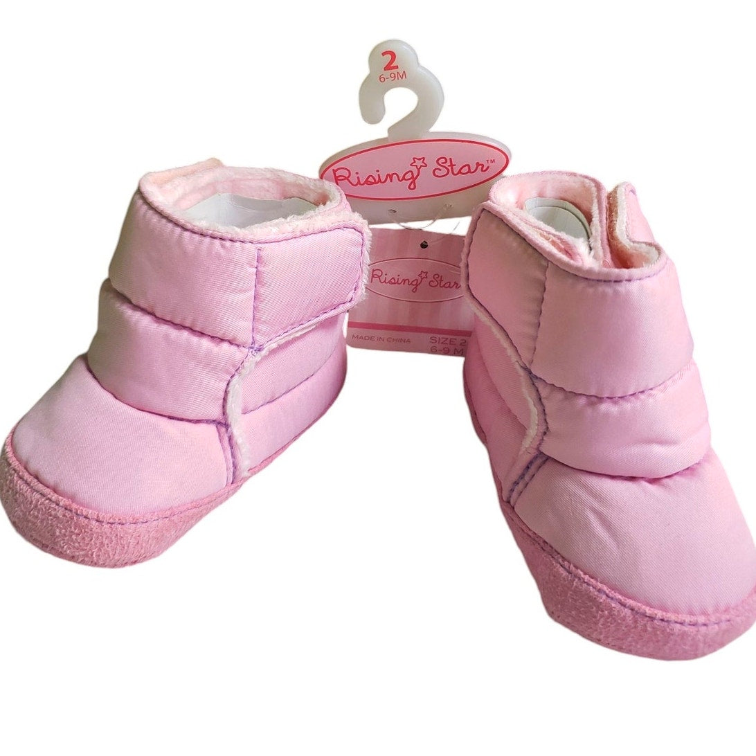 Rising Star Baby Size 2 (6-9 Months) Pink Fabric Pre-Walking Shoes Booties, NWT