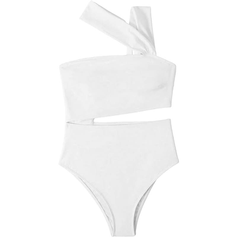 Cutout One Shoulder Piece Swimsuit Bikini High Waist, Monokini White Medium