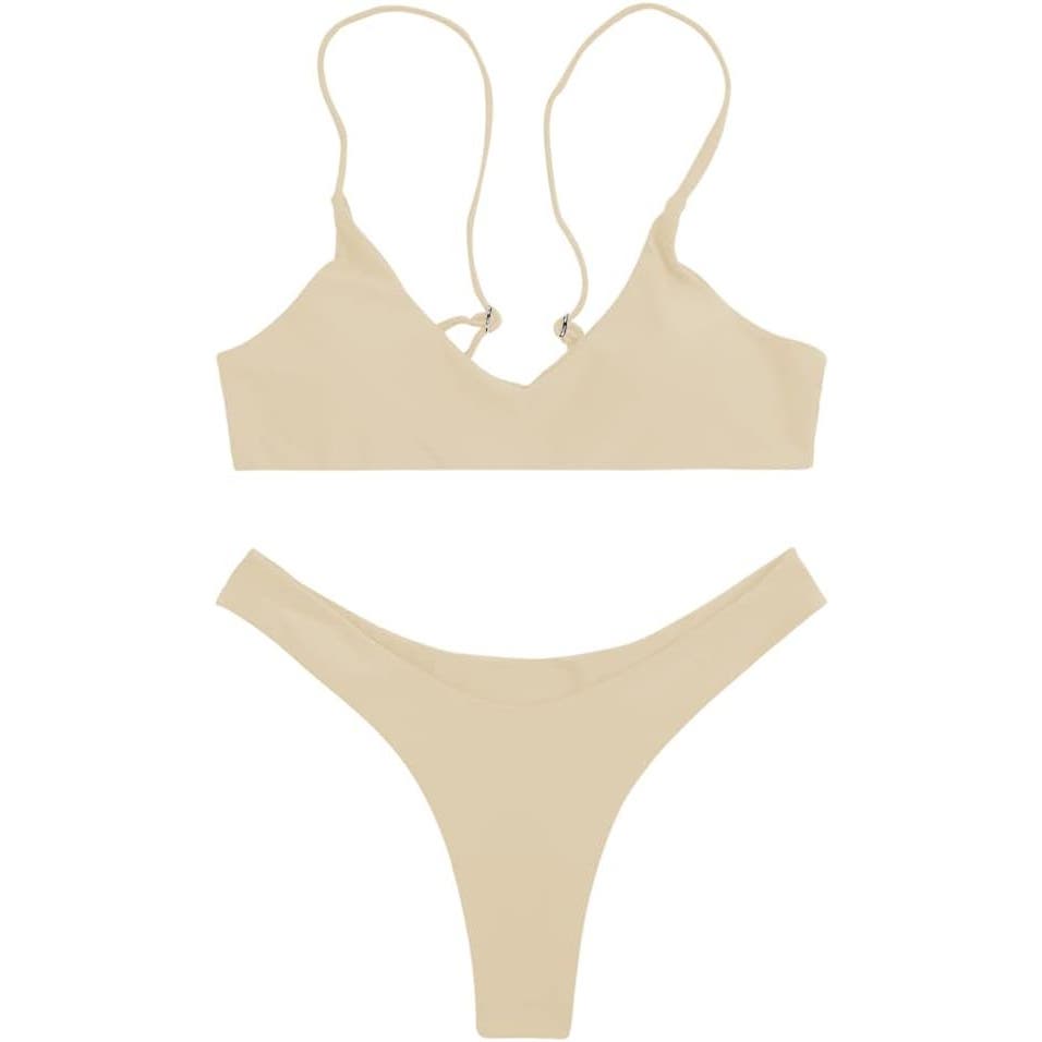 SherryDC Solid Scoop Neck Push up Padded Brazilian Thong Bikini, Beige, L