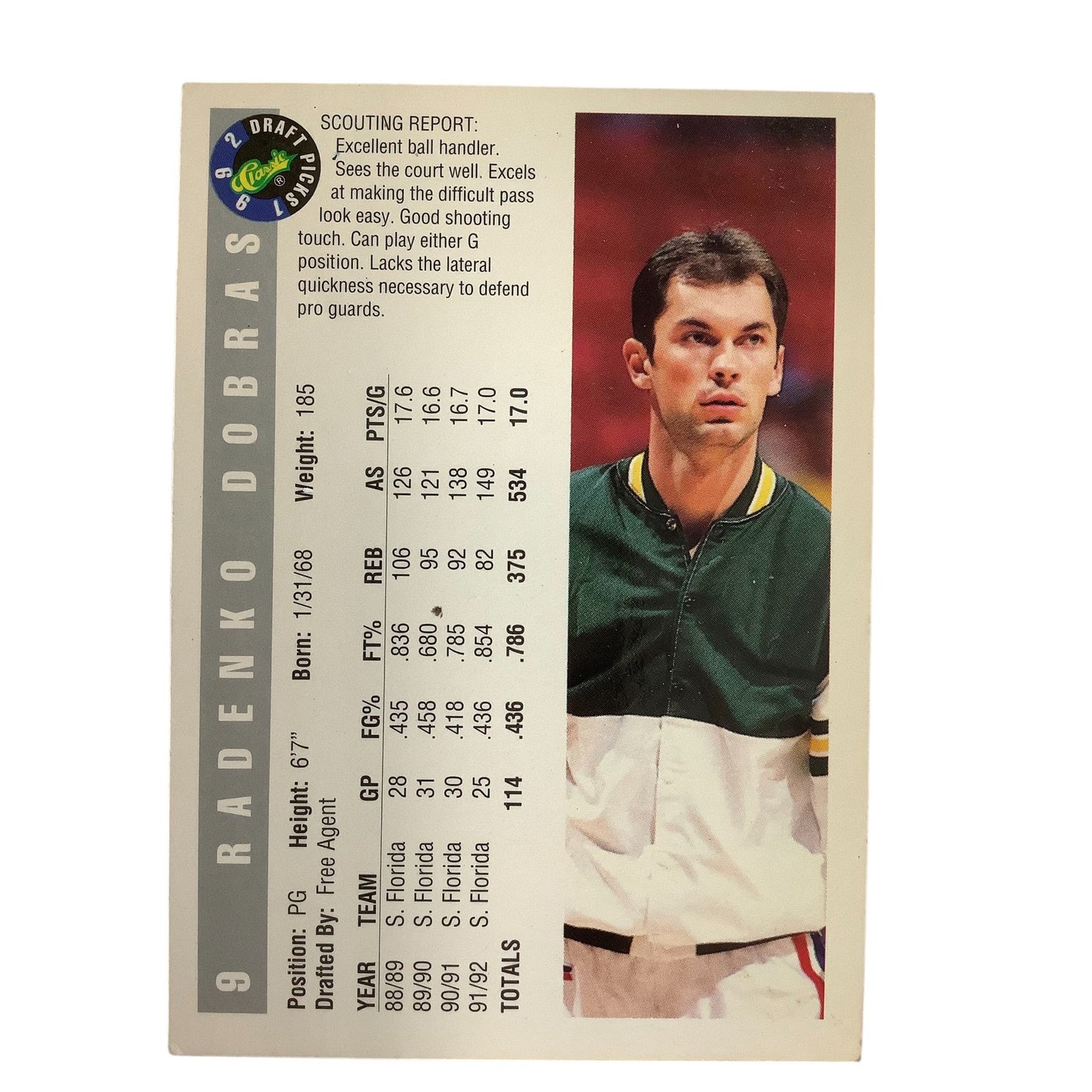 Radenko Dobras, University of South Florida (G), Classics 1992 Draft Picks EXC