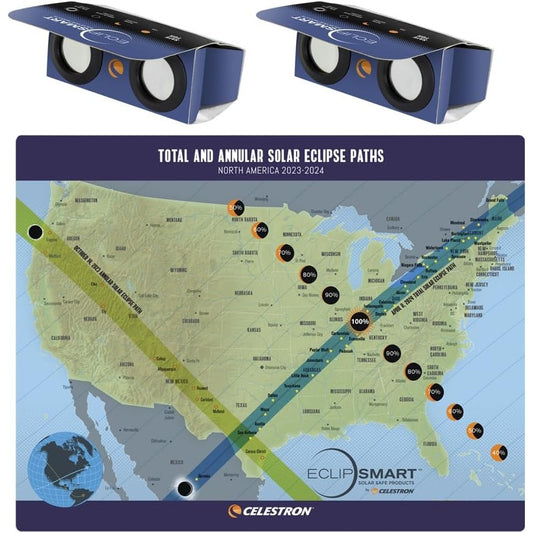 Celestron – 2-Pack EclipSmart Safe Solar Power Viewers – 2X Magnification – Meets ISO 12312-2:2015(E) Standards – Solar Safe Filter Technology – Observe Eclipses & Sunspots – Includes Eclipse Map, NIB