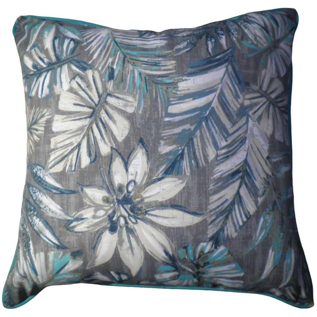 Set of 2 Square Outdoor Throw Pillows, Palm Hibiscus, Gray and Teal, 16 x 16 x 5